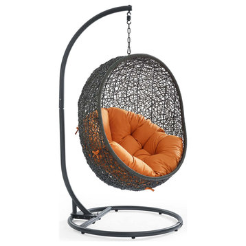 Hide Outdoor Wicker Rattan Swing Chair With Stand, Gray Orange