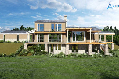 Mid-sized modern brown three-story mixed siding and board and batten exterior home idea in Wilmington with a metal roof and a gray roof