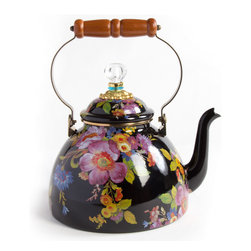 Flower Market Enamel 3 Quart Tea Kettle - Black | MacKenzie-Childs - Kettles