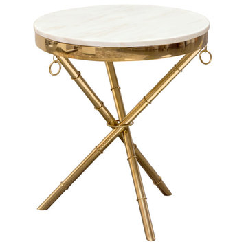 Reed Round Accent Table With Marble Top, Gold