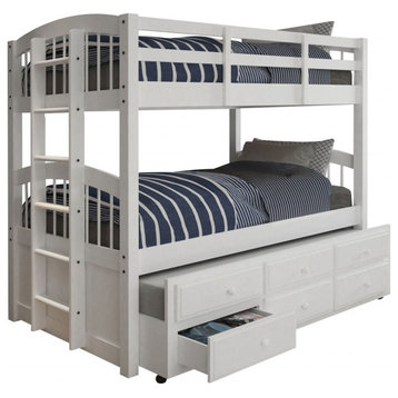 HomeRoots 80" x 42" x 70" White Twin Bunk Bed Trundle With 3 Drawers
