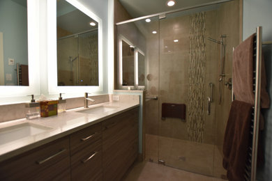 Beautiful modern bathroom with linear sensibilities
