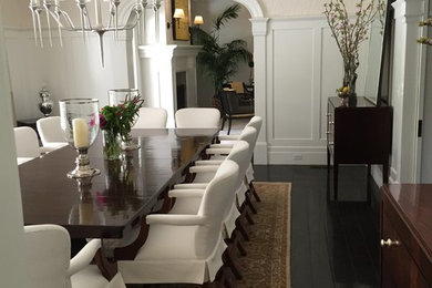 Dark wood floor dining room photo in Los Angeles with white walls