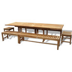 Windsor Teak Furniture - Grade A Teak 108" x 39" (9 ft Long) Double Leaf Ext.Table w 6 Benches, Seats 12 - The Buckingham Rectangular 108" x 39" (9 Foot Long) Double Leaf Extension Table w/6 Backless Benches ( two each of 72", 36", & 18" benches). Made with solid Grade A Teak will surely become a family heirloom. It's 70" long closed ,89" long with one leaf open, and 108" with both leafs opened....giving you 3 size tables! (we have a picture of this table closed with just 4 benches... seats 8 closed) Seats 12 people when fully opened. The unique built-in double butterfly pop-up leaf enables you to open or close your table in 15 seconds. Comes with stainless steel hardware and cap covered umbrella hole. The Oxford Backless Benches have a contoured seat and are very comfortable. Some Assembly, Shipped Via Truck.