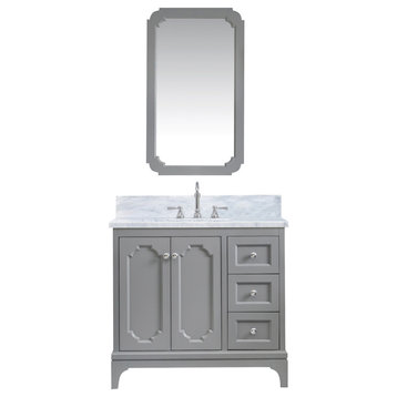 Queen 36 In. Marble Countertop Vanity in Grey with Mirror and Hook Faucet