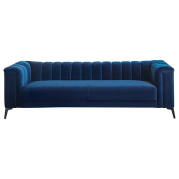Unique Sofa, Padded Velvet Seat With Channel Tufted Back & Metal Legs, Navy Blue