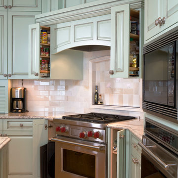 Traditional Kitchen With Blue Raised Panel Cabinets With Brown Glaze