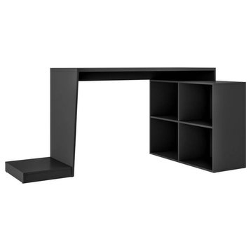 Modern Desk, Unique Design With Floor CPU Stand & 4 Open Compartments, Black