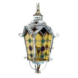 French Leaded and Stained Glass Brass Hanging Lantern - Pendant Lighting