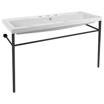 Large Ceramic Console Sink and Matte Black Stand, Three Hole