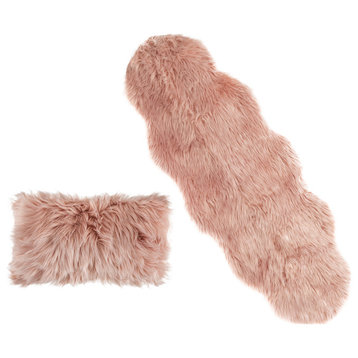 20" Faux Fur Decorative Pillow Insert and Cover Set, Plush Sheepskin Rug, Pink