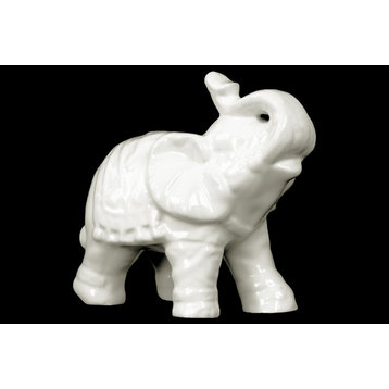 Ceramic Trumpeting Standing Elephant Figurine, Glossy White