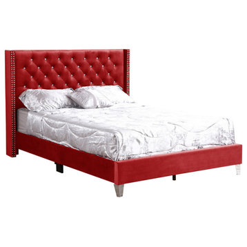 Julie Tufted Upholstered Low Profile Full Panel Bed, Cherry