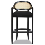 Jennifer Taylor Home - Americana Mid-Century Modern Rattan Cane Back Stool, Jet Black Woven, 30.5" Bar Height - Revel in the hand-crafted details of the Americana Bar Stool Collection by Jennifer Taylor Home. The natural cane back texture is paired with a graceful curved mid-height back and straight arms that are pleasing to the eye and offer a comfortable seating experience. The solid wood Oak frame includes a footrest, protected by a brass plate. This bar stool does not require any assembly.