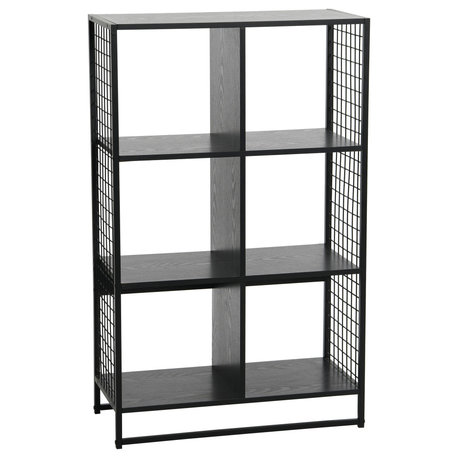 Trellis Open Storage Bookshelf, 6 Cube Black Oak, Black Metal