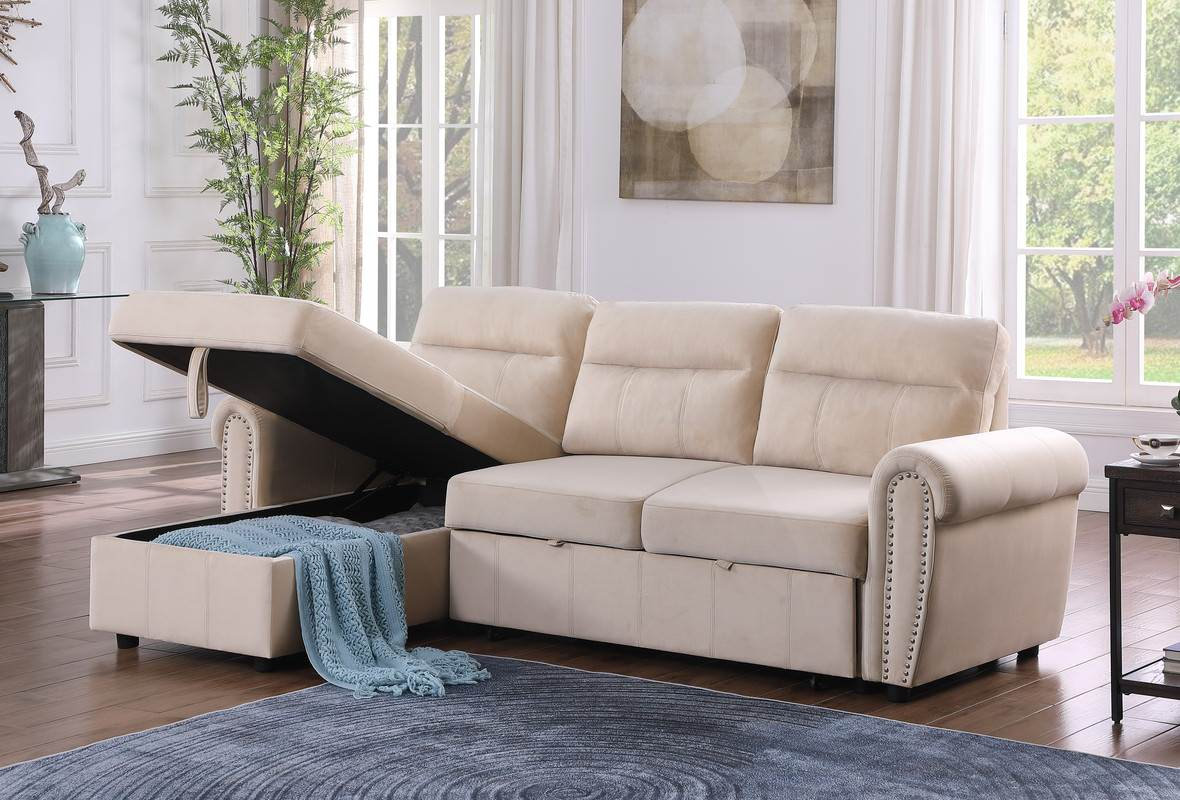 Ashton Velvet Fabric Reversible Sleeper Sectional Sofa Chaise ...