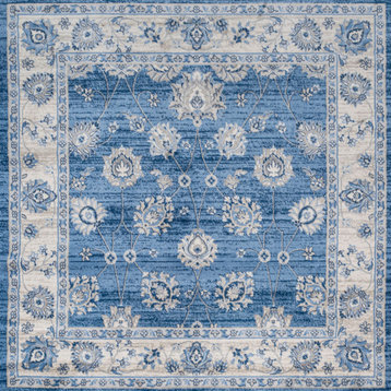 Modern Persian Vintage Moroccan Blue/Cream 6' Square Area Rug