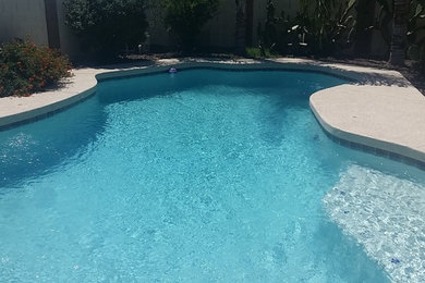 Example of a classic backyard concrete and custom-shaped pool design in Phoenix