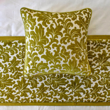 Green Velvet CA King 86"x18" Bed Runner With Pillow Cover- Enchanted Chartreuse