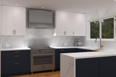 Design ideas for a traditional kitchen in Other with shaker cabinets, blue cabinets, engineered stone countertops, white splashback, engineered quartz splashback, stainless steel appliances and white worktops.