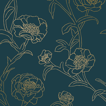 Peonies Peel and Stick Wallpaper, Peacock Blue and Metallic Gold