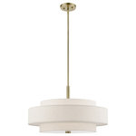 Livex Lighting - Monroe 5 Light Antique Brass Pendant Chandelier - A triple drum shade adds character to this handsomely styled pendant light. Update your decor with the clean styling of this contemporary five light pendant from the Meridian collection. Features a lovely hand crafted oatmeal color fabric hardback shade and satin white acrylic diffuser for subtle illumination.