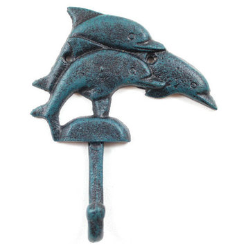 Seaworn Blue Cast Iron Decorative Dolphins Wall Hook 6"