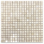 Stone Center Online - Crema Marfil Beige Marble 5/8x5/8 Grid Square Mosaic Tile Polished, 1 sheet - Color: Crema Marfil Marble (a textured clean creamy beige stone background with tones of yellow, cinnamon, white and even goldish beige soft thin veins);