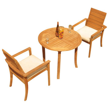 3-Piece Outdoor Teak Dining Set: 36" Round Table, 2 Alps Stacking Arm Chairs
