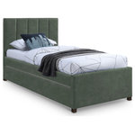 Meridian Furniture - Hudson Beige Faux Leather Twin Trundle Bed, Green - Maximize space in the bedroom with this Hudson green vegan leather twin trundle bed. Crafted from soft green premium vegan leather, it's not only luxurious but also water-resistant and anti-scratch, ensuring long-lasting beauty. The channel-tufted headboard adds a handsome aesthetic, and the rolling trundle bed up to an 8" thick twin mattress, providing space for sleepover guests. This is the perfect bed for shared bedrooms, kids' rooms, teen bedrooms, and dorm rooms.