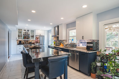 Inspiration for a mid-sized transitional white floor kitchen pantry remodel in DC Metro with a single-bowl sink, white cabinets, granite countertops, ceramic backsplash and an island