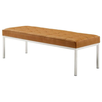 Retro Modern Bench, Silver Base With Linear Biscuit Tufted PU Leather Seat, Tan