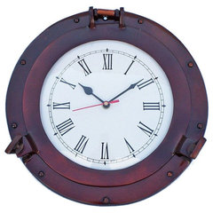 Decorative Ship Porthole Clock, Antique Brass, 12 - Beach Style