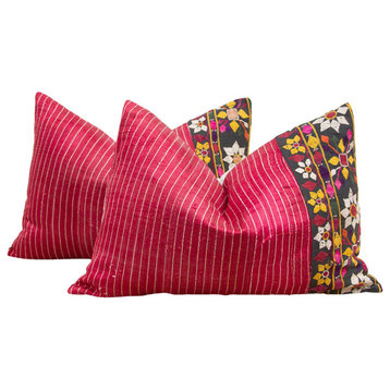 Pair of Colorful Antique Mashru Tribal Lumbar Pillows