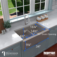 Karran Farmhouse Apron Front Quartz 34" Double Bowl Kitchen Sink, Concrete
