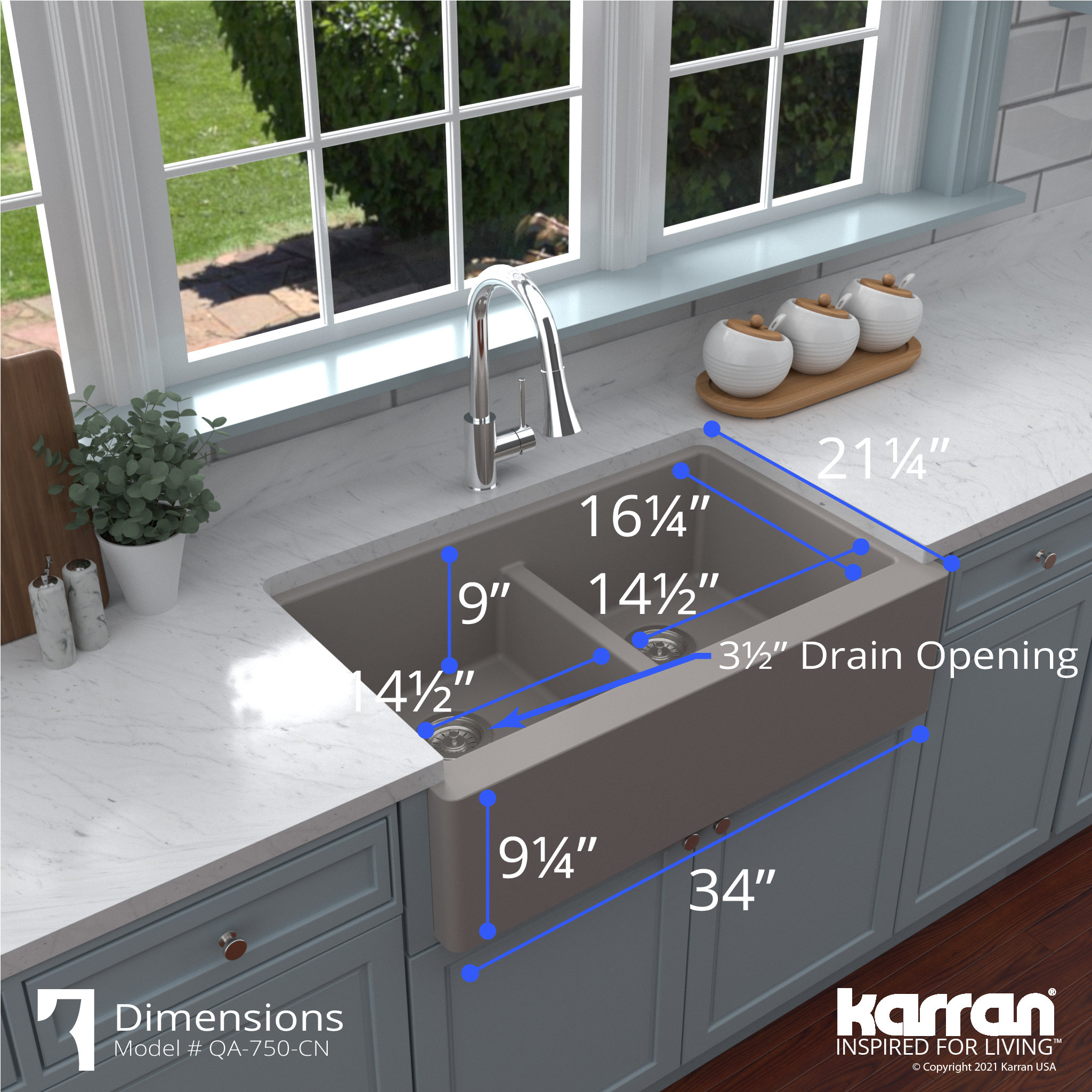 Karran Farmhouse Apron Front Quartz 34" Double Bowl Kitchen Sink, Concrete