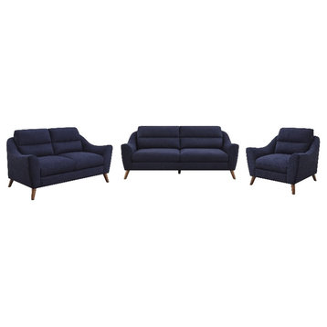 Coaster 3-Piece Mid-Century Sloped Arm Upholstered Fabric Sofa Set in Blue