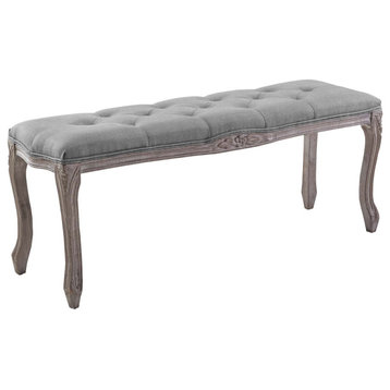 Regal Vintage French Upholstered Fabric Bench, Light Gray
