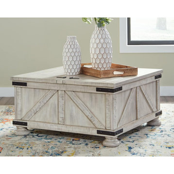 Modern Farmhouse Coffee Table, Dual Lid Top With Inner Storage Space, Whitewash
