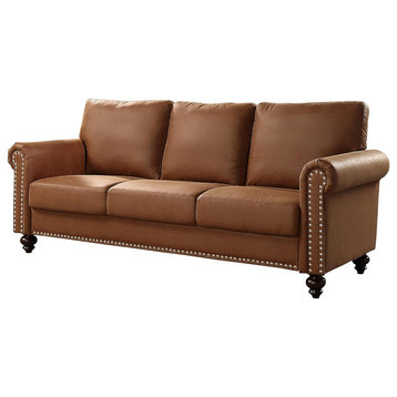 Classic 3 Seater Sofa, Brown PU Leather Seat With Rolled Arms & Nailhead Trim