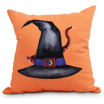Cat Behind the Hat Orange Halloween Print Decorative Throw Pillow, 20"