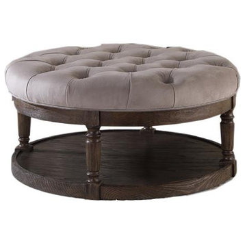Best Master Linen Fabric Upholstered Round Ottoman in Otter/Smoked Rustic Gray