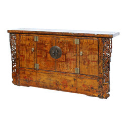 Chinese Distressed Light Yellow Brown Graphic Tall Credenza Cabinet - Accent Chests And Cabinets