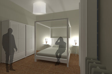 Modelo de dormitorio mediterráneo grande con paredes blancas, suelo laminado, chimenea de esquina, marco de chimenea de piedra y suelo beige