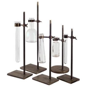 Jarvis Dark Brown Metal and Glass Chemistry Inspired Bottles, Set of 5