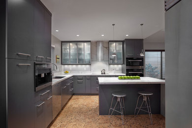 Inspiration for a mid-sized contemporary l-shaped cork floor and multicolored floor eat-in kitchen remodel in Phoenix with an undermount sink, flat-panel cabinets, gray cabinets, marble countertops, multicolored backsplash, marble backsplash, black appliances and an island