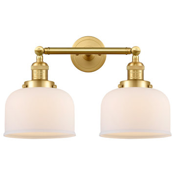 Large Bell 2 Light Bath Vanity Light, Satin Gold, Matte White