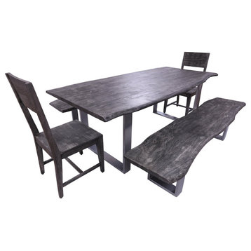 Grey Solid Wood 5 Piece Dining Set With Metal Leg s- Table, 2 Bench and 2 Chairs