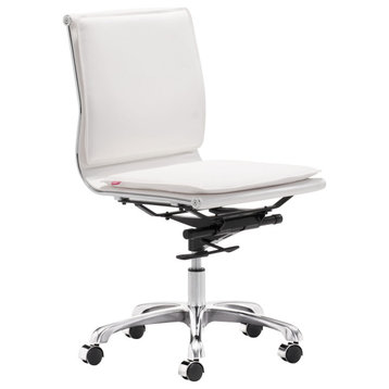 Armless Office Chair White Chromed Silver Steel White Faux Leather