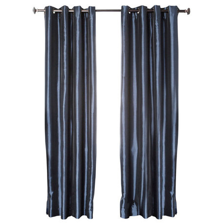 Dupioni Faux Silk Blackout Curtains, Pair, Navy, 95"